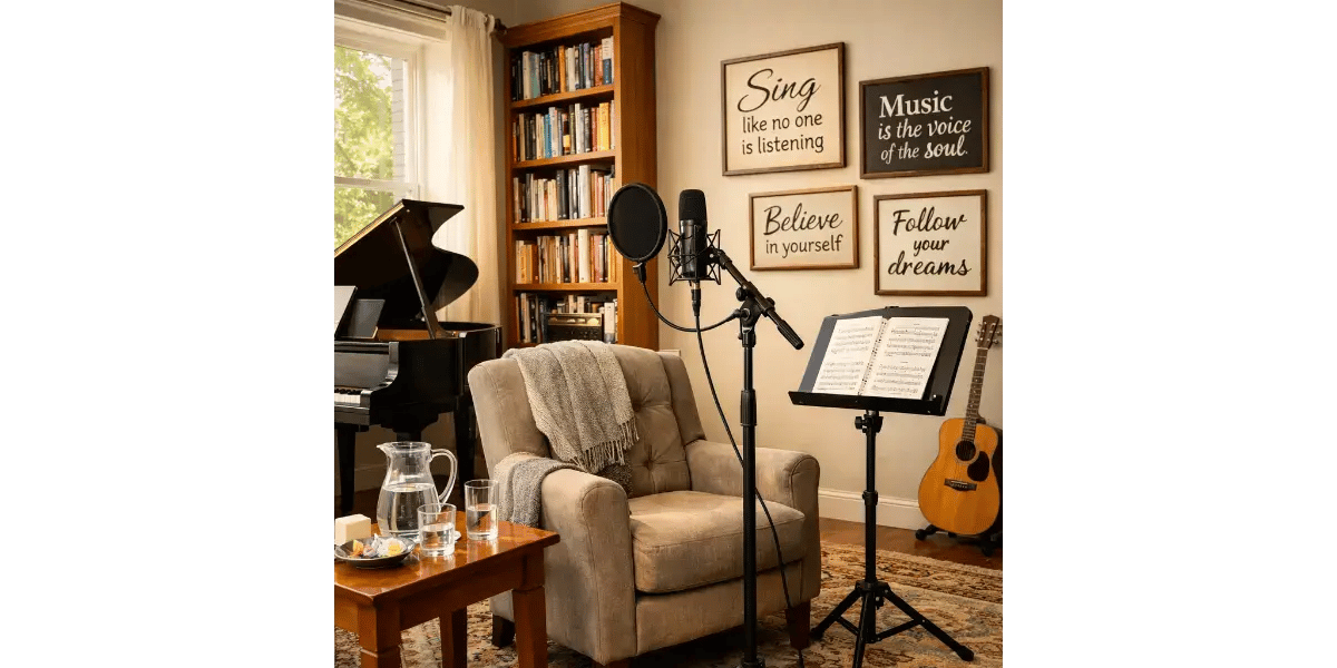 Home vocal studio featuring a grand piano and a filled bookshelf