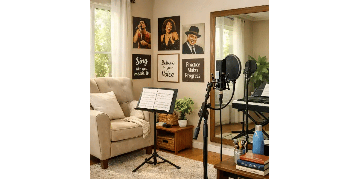 A home recording studio setup with a condenser microphone, acoustic guitar, and music stand for vocal practice.