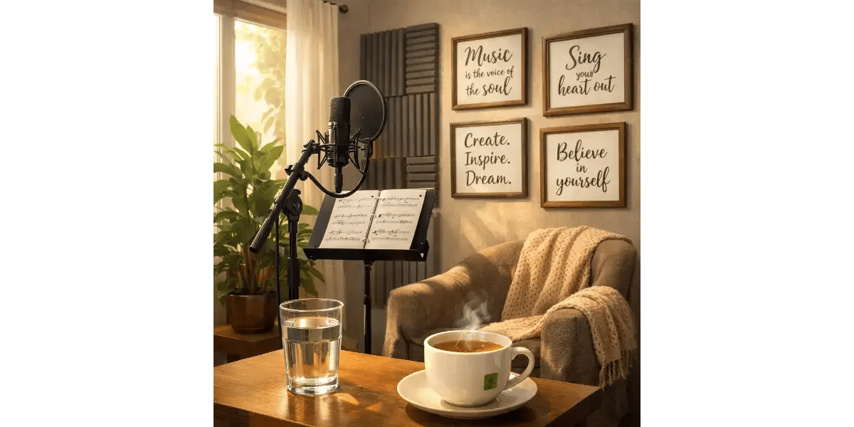 Ambient music studio setup designed for relaxed vocal coaching and breath training