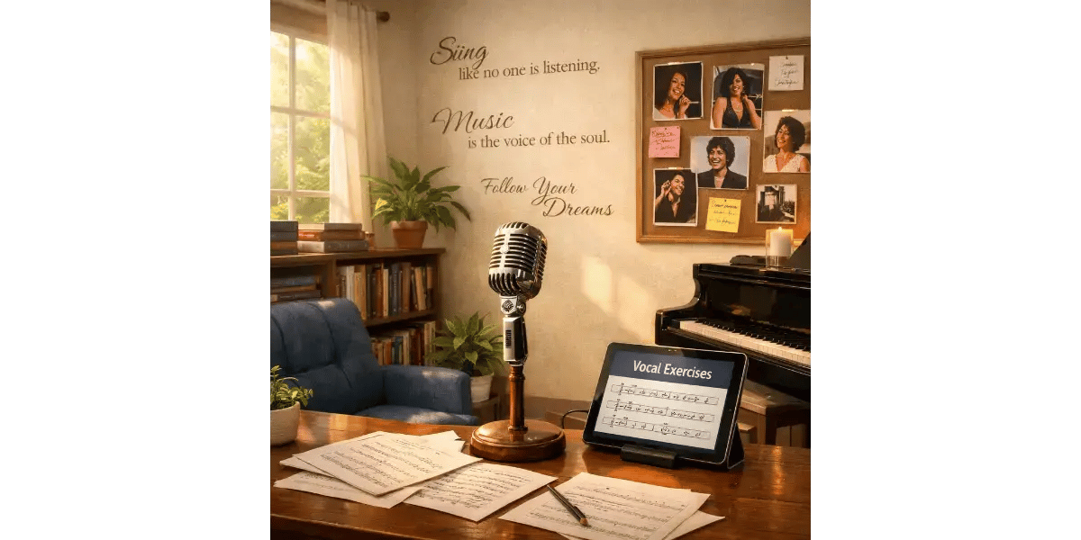 Vintage microphone on a desk with sheet music for chest voice vs head voice singing guide
