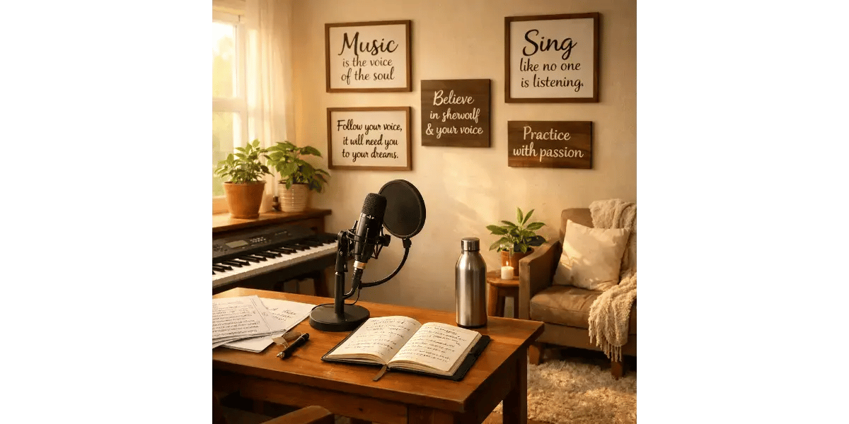 Warmly lit home studio setup tailored for beginner singing and vocal warm-ups