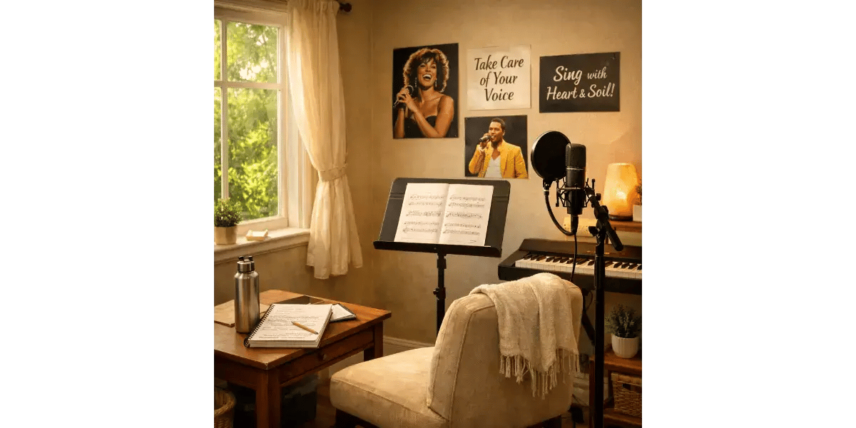 Setup for interactive online voice lessons with laptop