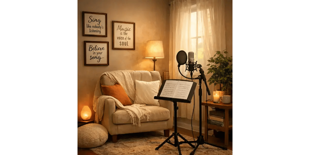 A home studio setup with a microphone and sheet music prepared for vocal warm-up exercises.