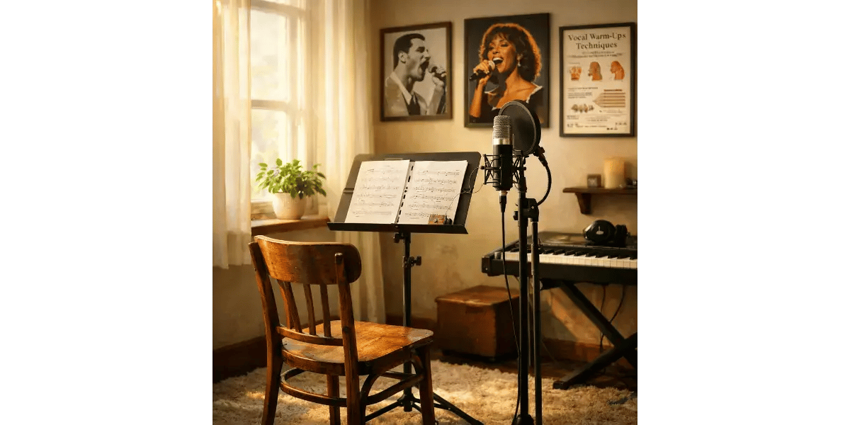 Experienced vocal coach conducting scale warm-ups for student at a piano