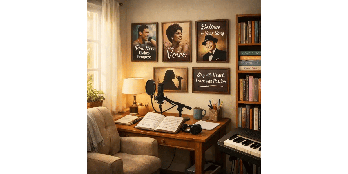 Beginner practicing vocal exercises at home studio to learn how to sing