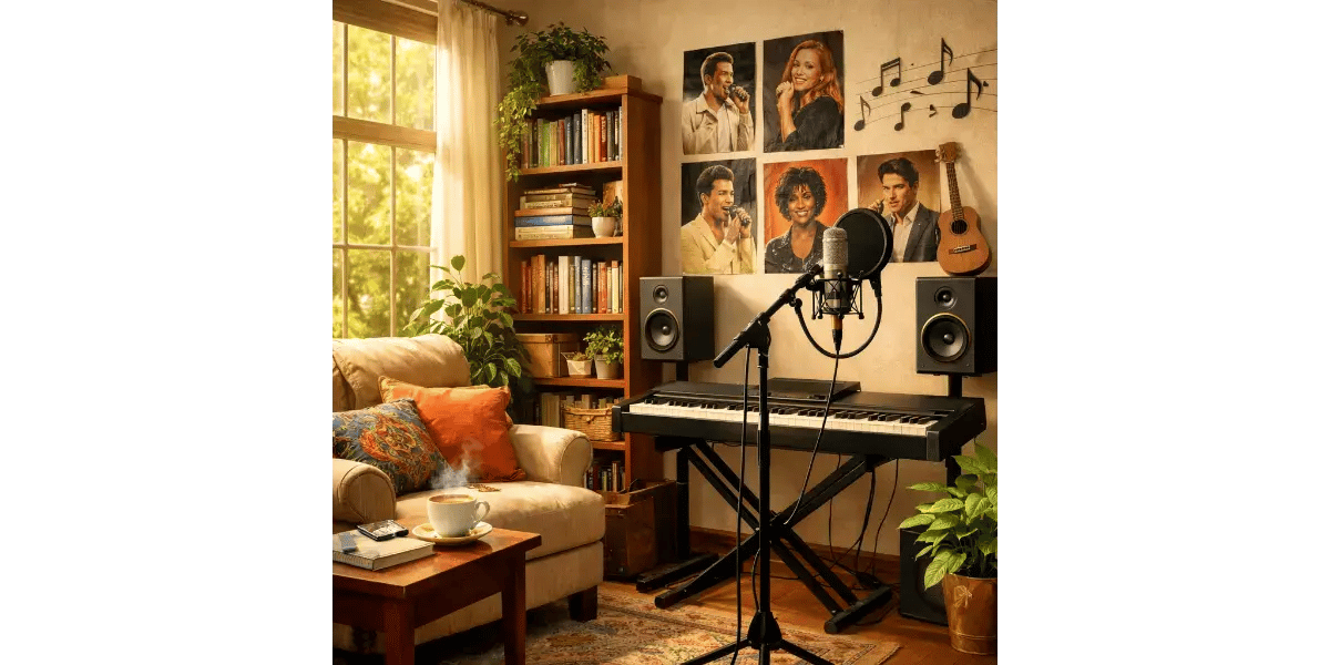 Cozy music room with piano and microphone for singing practice