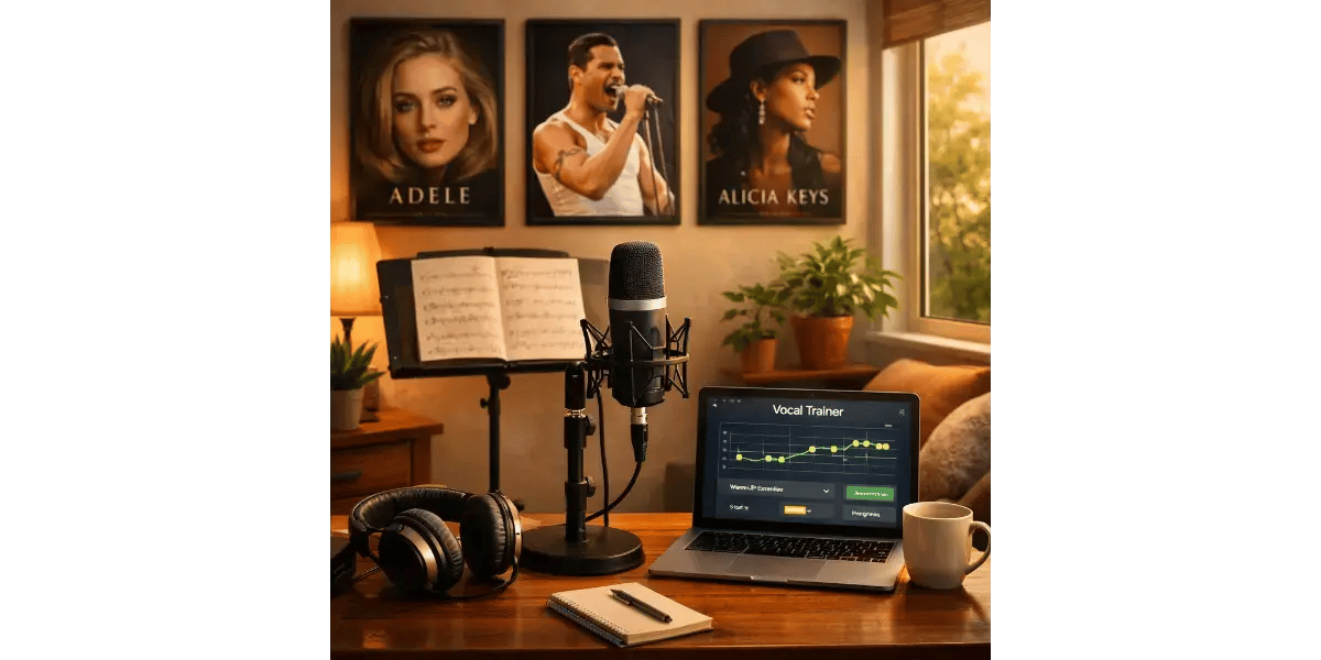 A recording studio microphone and sheet music, representing vocal training and learning to sing safely.