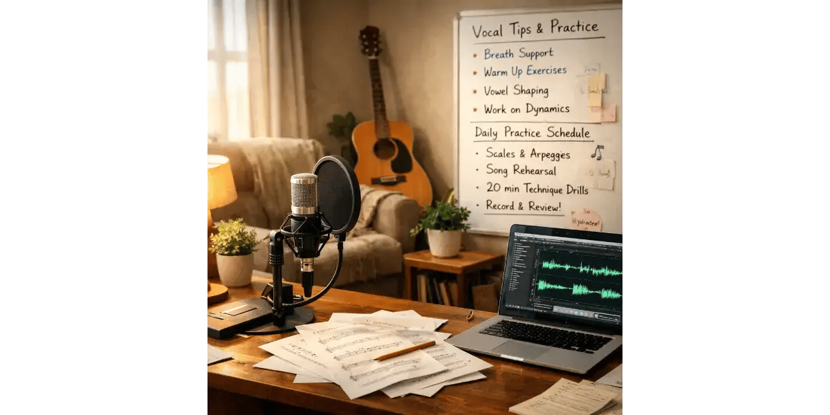 Educational chart detailing daily vocal warm-up scales and pitch control drills