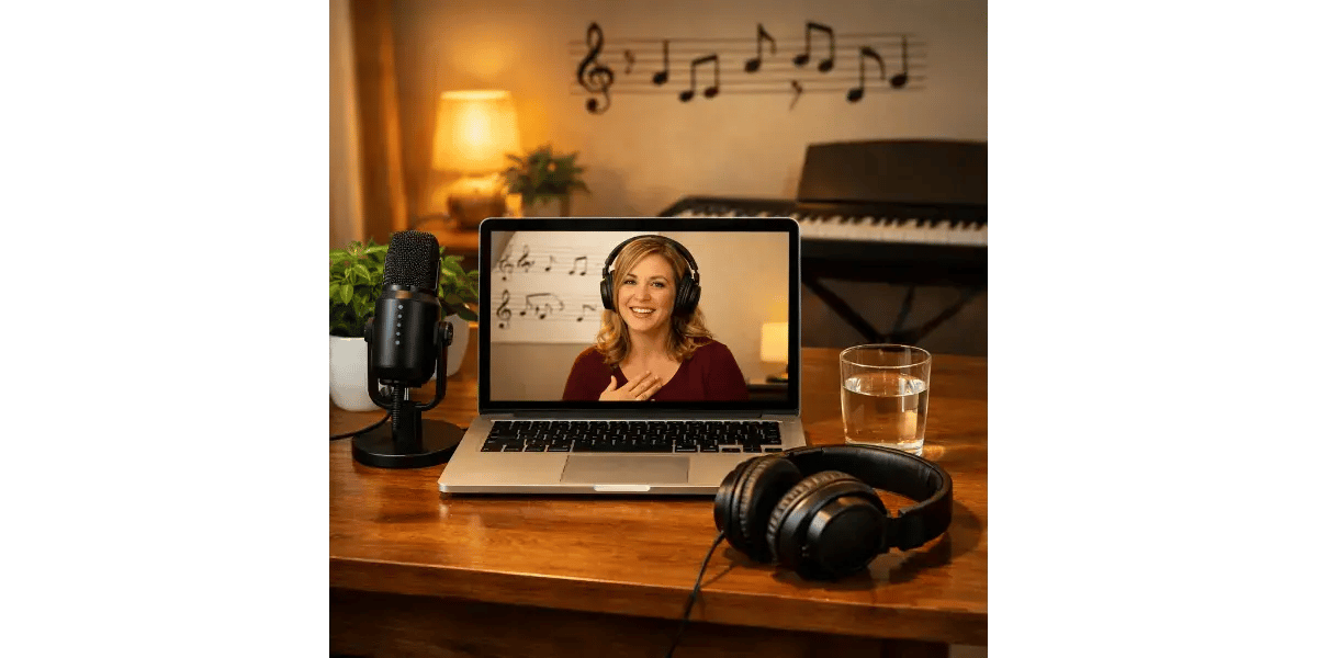 A laptop screen displaying an online singing lesson, with headphones on a desk ready for vocal training from home.