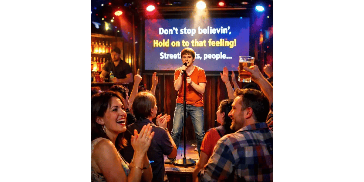  Singer performing on stage with microphone at karaoke bar while crowd cheers