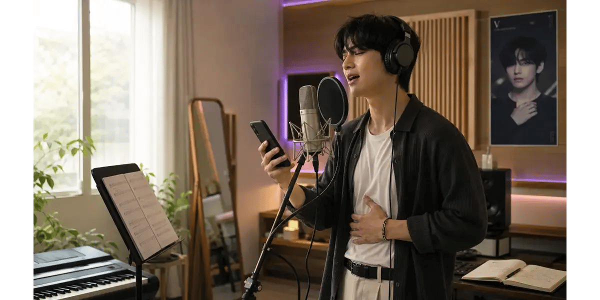 Male singer practicing vocal techniques in a studio setting with a microphone and headphones