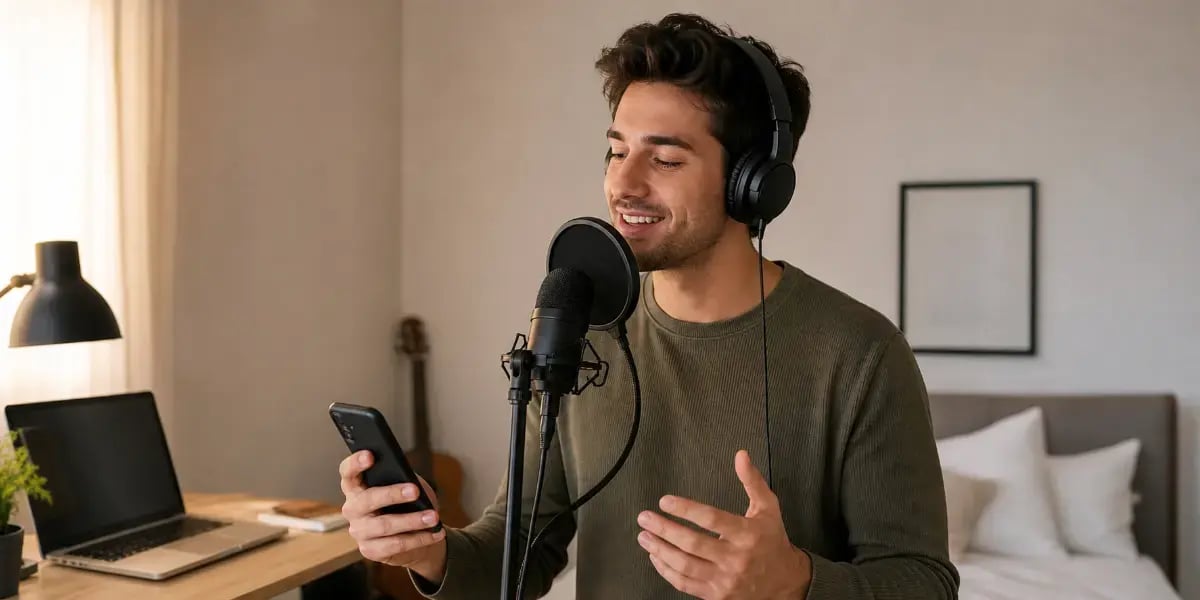 Man singing into a studio microphone while holding a smartphone