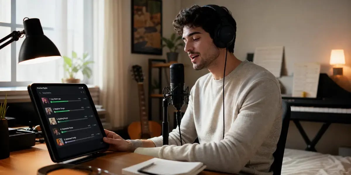 Man wearing headphones practicing singing into a microphone in a home studio