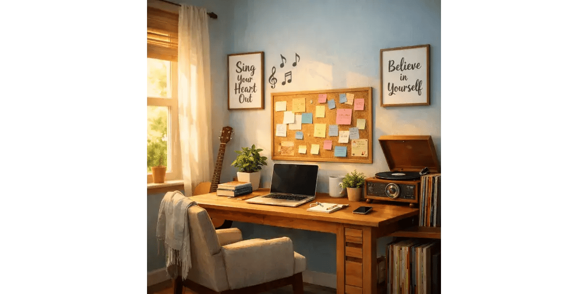 Modern vocal workspace decorated with indoor greenery and an acoustic guitar