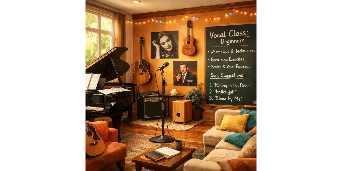 A cozy music studio with a microphone and keyboard set up for beginner singing practice