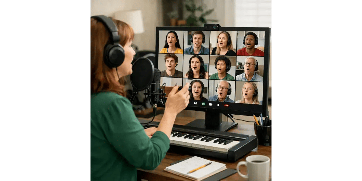 Voice teacher conducting a virtual group lesson with multiple students via video conference.