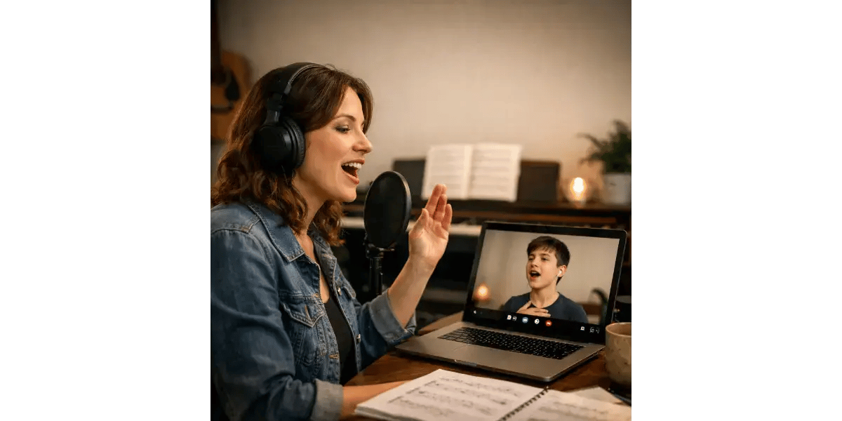 An online voice teacher coaching a student during a virtual music lesson