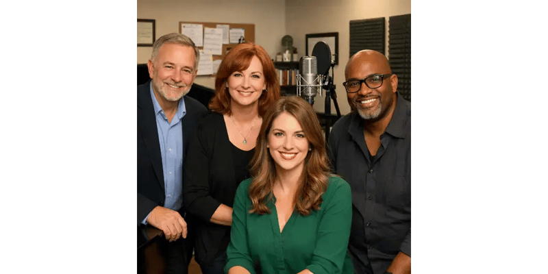 Group of diverse professional voice teachers smiling together in a recording studio