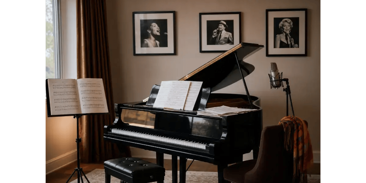 Grand piano with sheet music in a brightly lit music studio