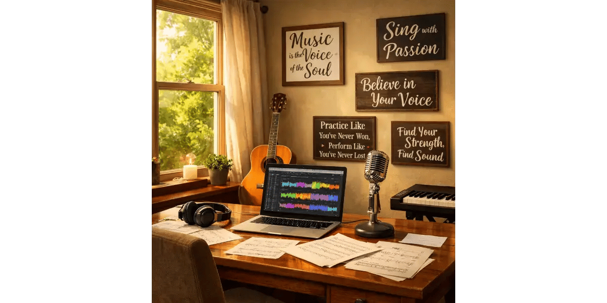 Serene music studio setup featuring a vintage microphone and digital sound waves graphics