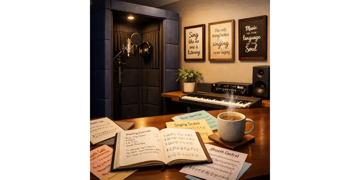 Vocalist sitting at an upright piano practicing high notes and vocal range expansion