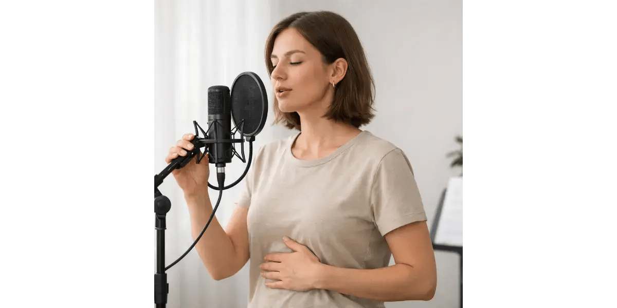 A singer demonstrating soft vocal techniques in front of a studio microphone.