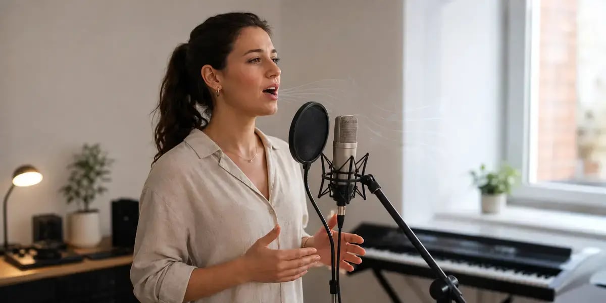 Woman singing into a studio condenser microphone during a vocal technique lesson
