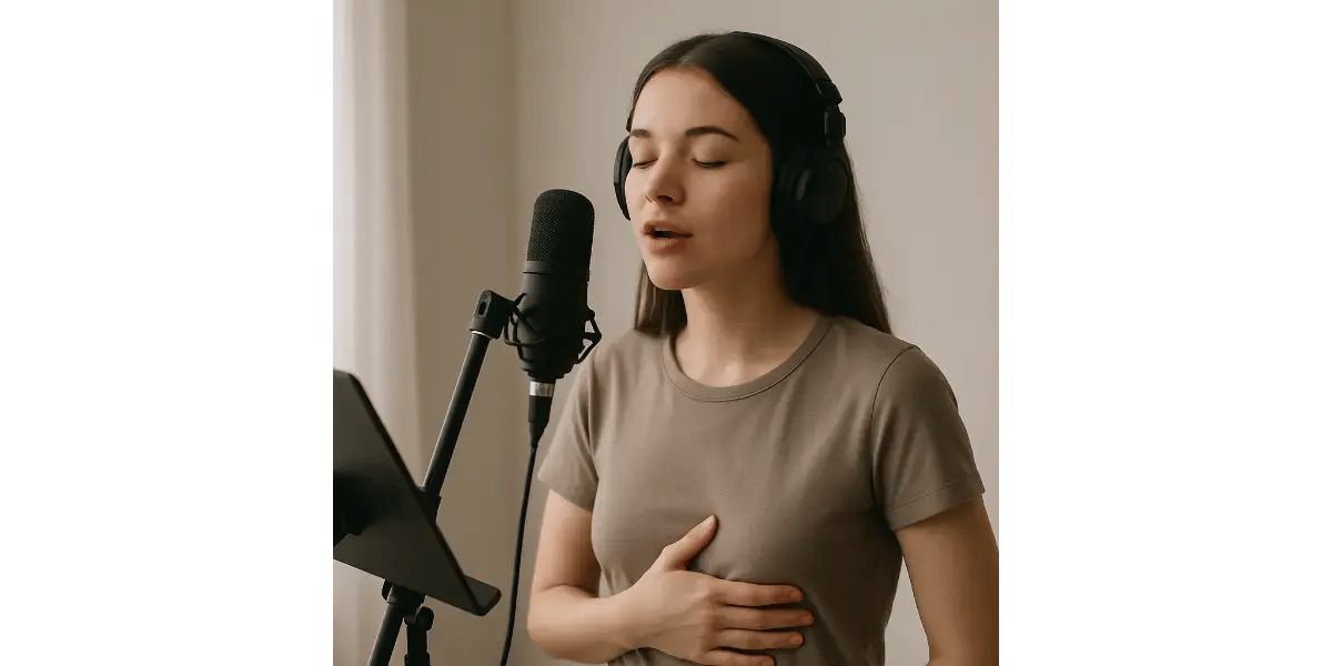 A singer practicing soft singing techniques and breath support in front of a studio microphone.