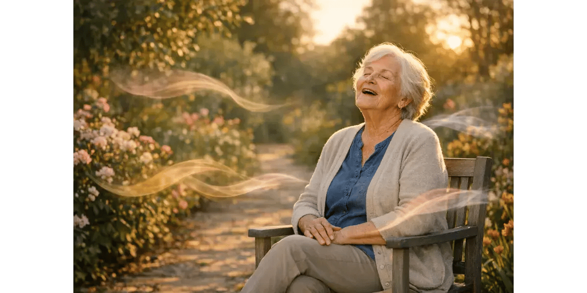 Older woman singing joyful music outdoors in nature