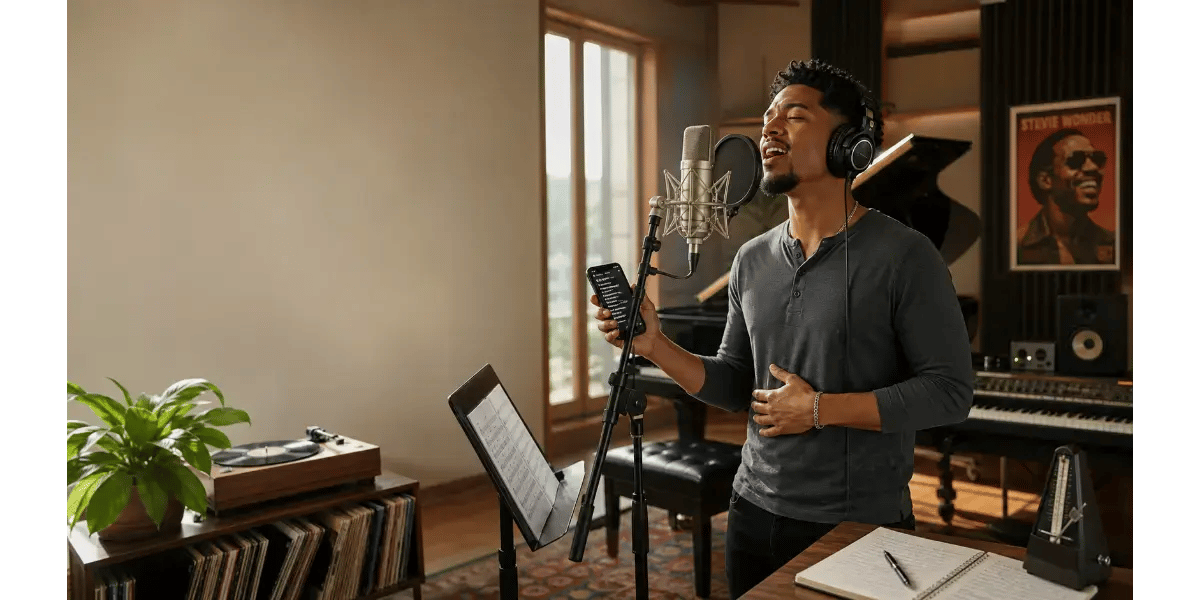 Male singer standing in front of a music stand practicing vocal techniques in a studio