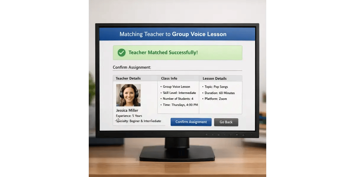 A computer monitor displaying a voice teacher's profile and lesson schedule.