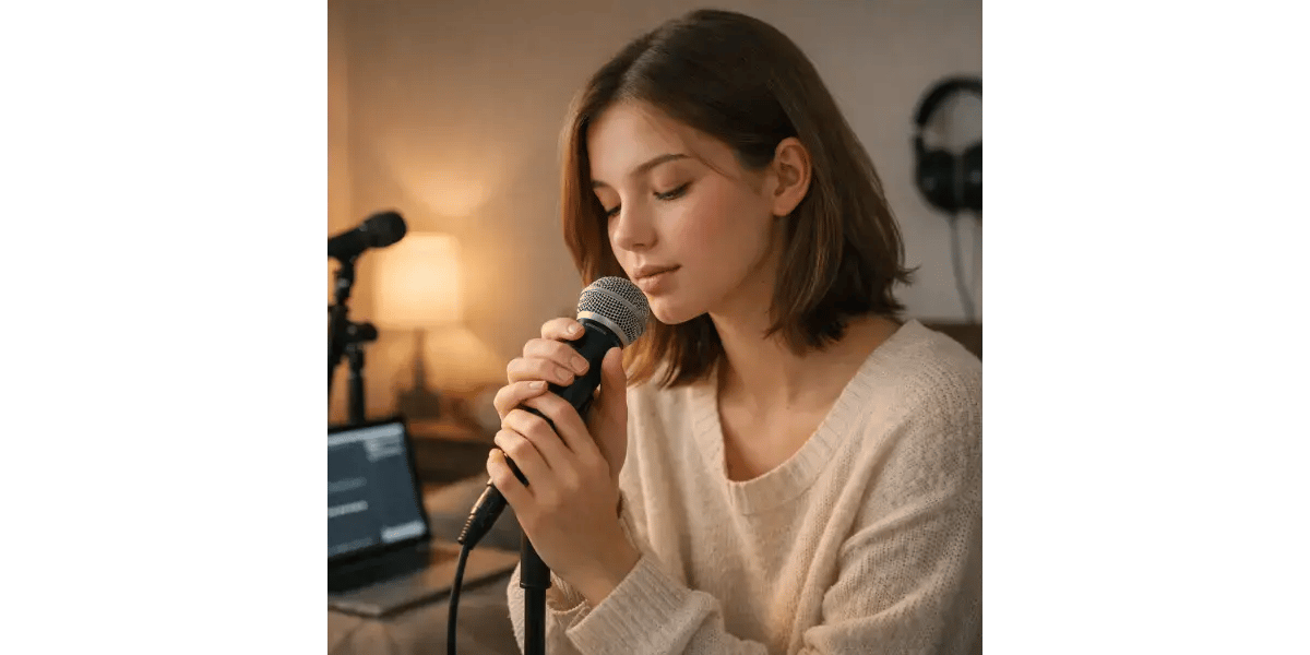 A female singer practicing a soft, breathy vocal style into a microphone in a home studio.