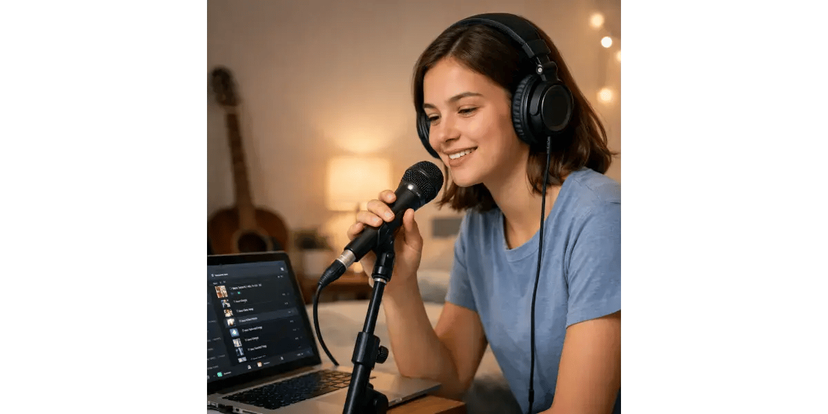 Teen singer practicing Billie Eilish playlist with headphones and microphone
