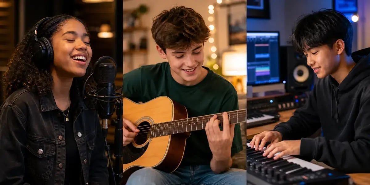 Three teenagers practicing music together in a studio with a microphone, guitar, and keyboard Three teenagers practicing music together in a studio with a microphone, guitar, and keyboard