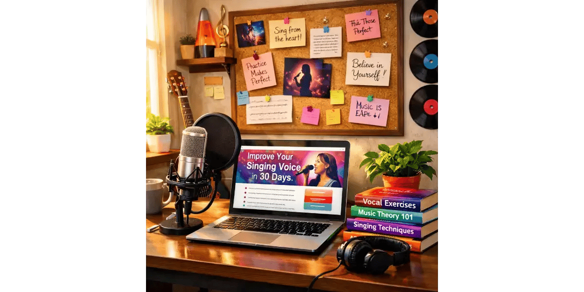 Vibrant home office decorated with greenery and musical elements