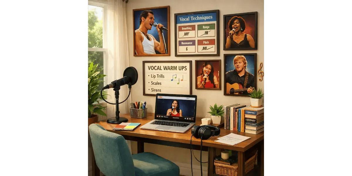 Vocal studio home office illuminated by natural light with inspirational posters