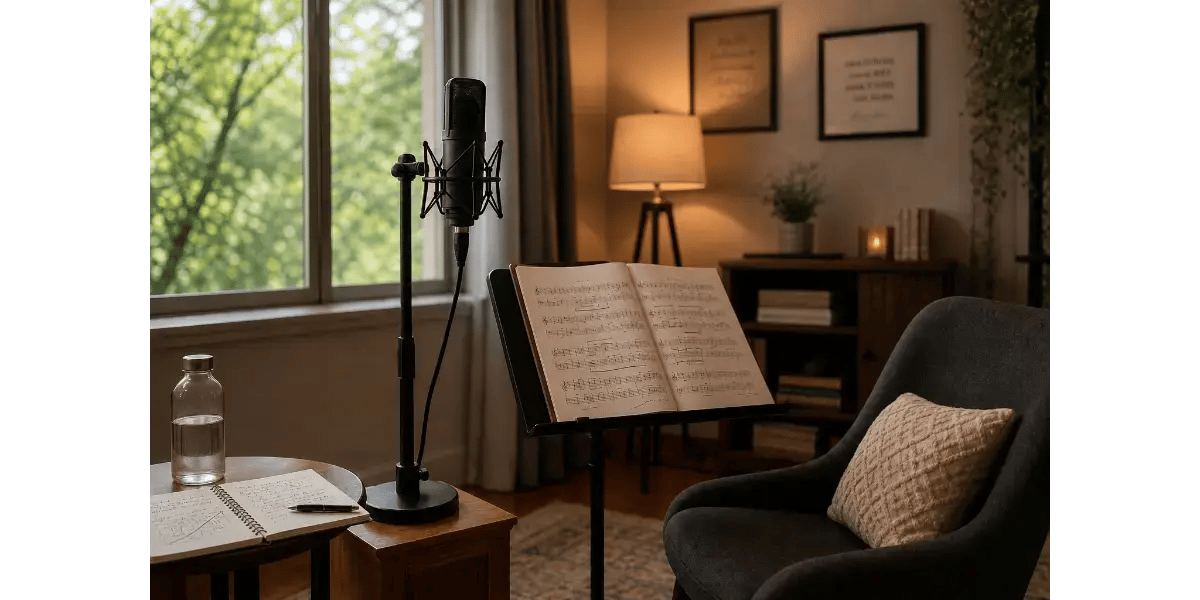 Vocal studio setup featuring a black studio microphone with greenery visible in the background