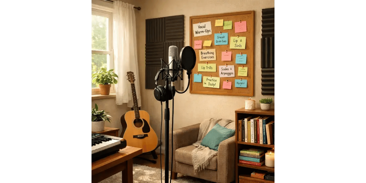 A home recording studio setup with condenser microphones, acoustic guitars, and sheet music for vocal range and singing lessons.