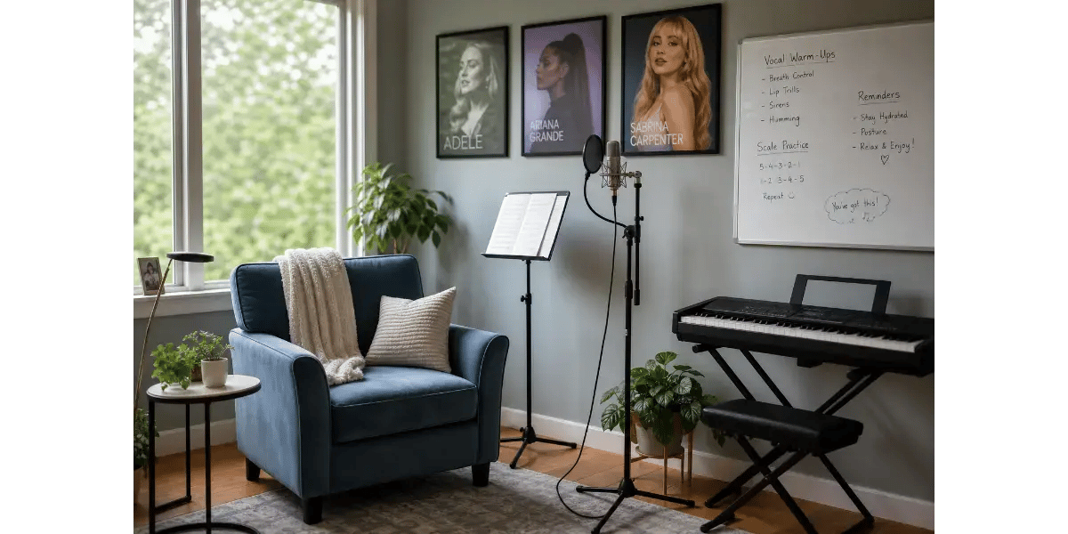 A cozy vocal recording studio with soft lighting and a keyboard for practicing pop singing.