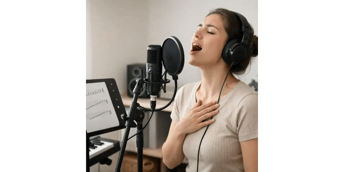 A female singer practicing her vocal range into a studio microphone.