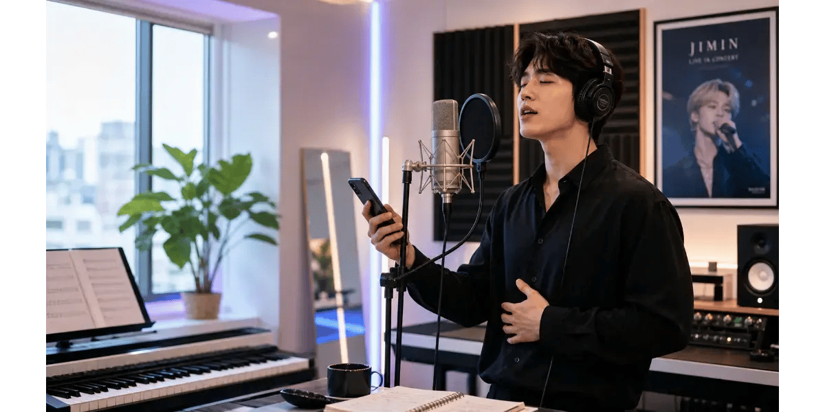 Male singer practicing Jimin BTS vocal technique and head voice control in a music studio