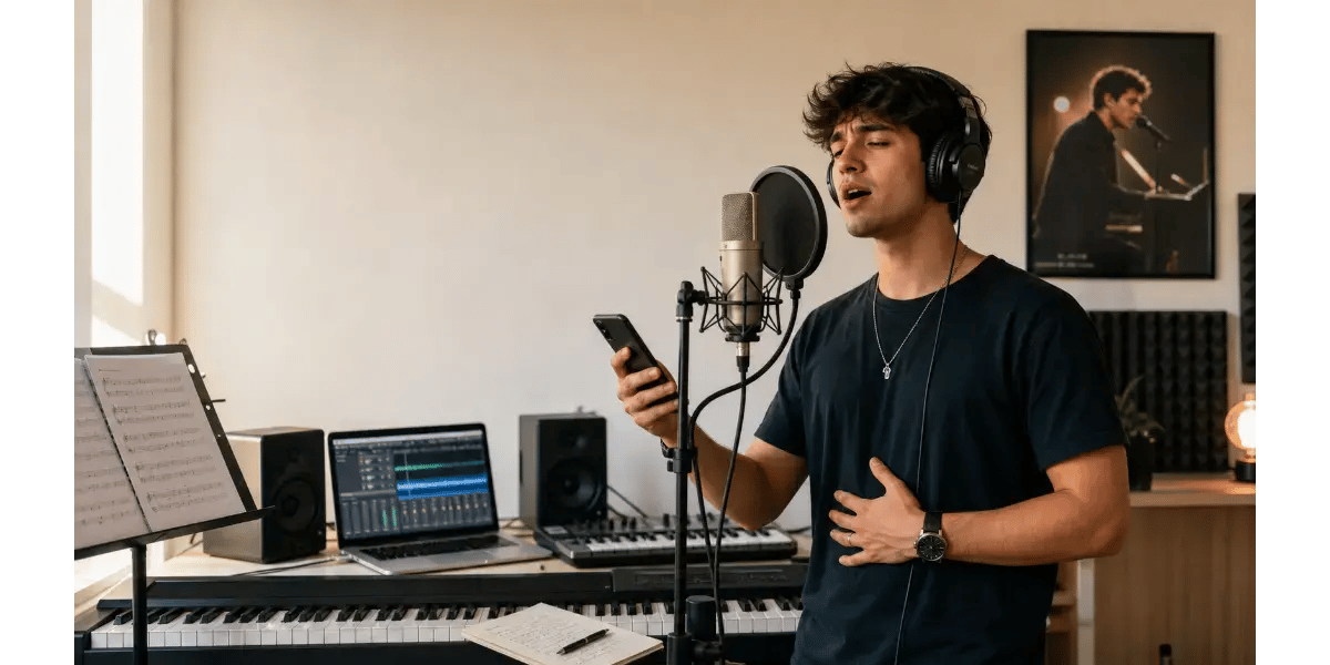 Young male singer practicing vocal techniques into a studio microphone