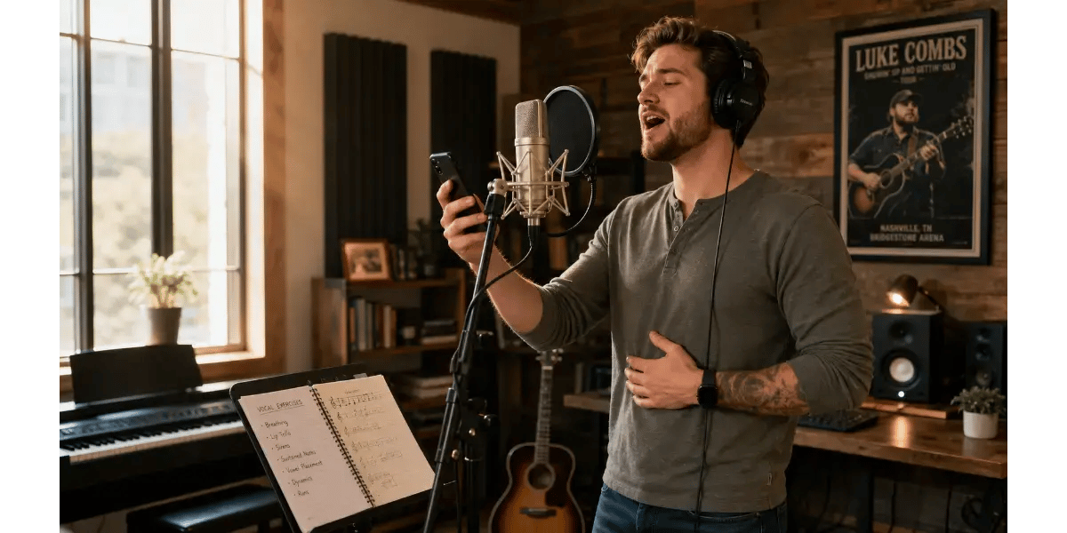 Young male singer practicing country vocal techniques in a professional studio