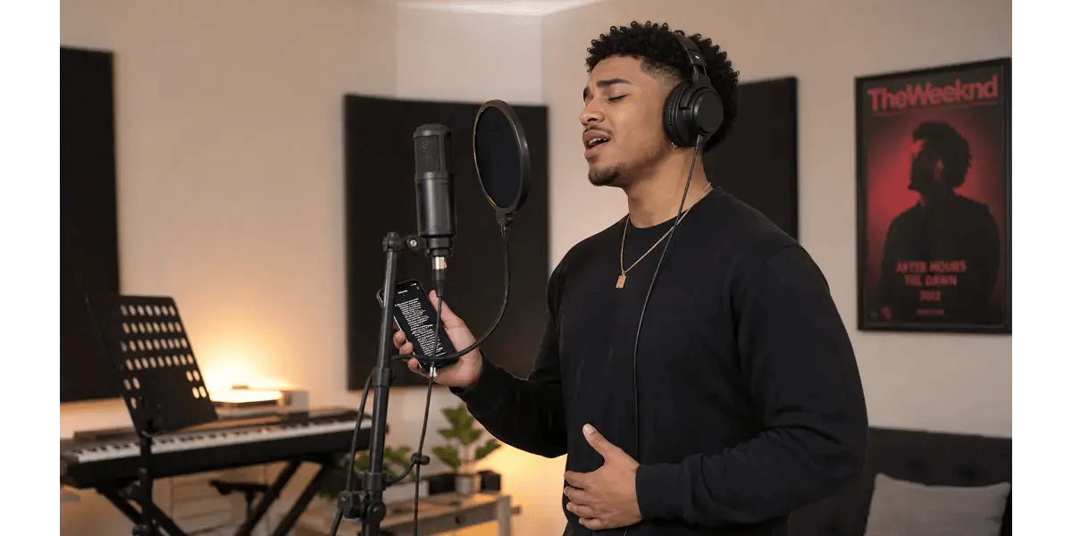A male singer in a recording studio holding a smartphone while singing into a microphone.