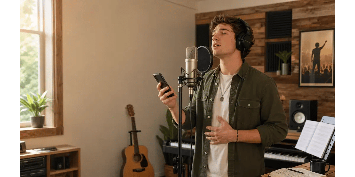 Male singer practicing country vocal technique in a studio