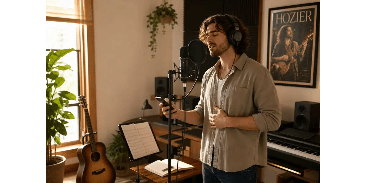 Young male singer practicing vocals in a modern folk music studio