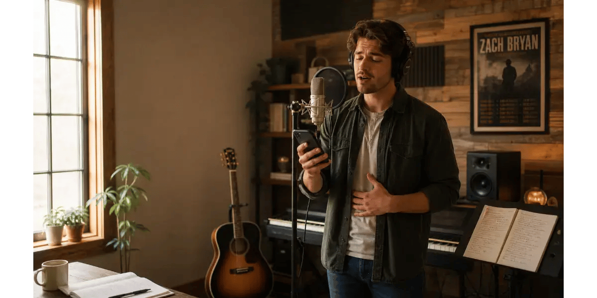 A male singer performing with an acoustic guitar, representing Zach Bryan's vocal style.