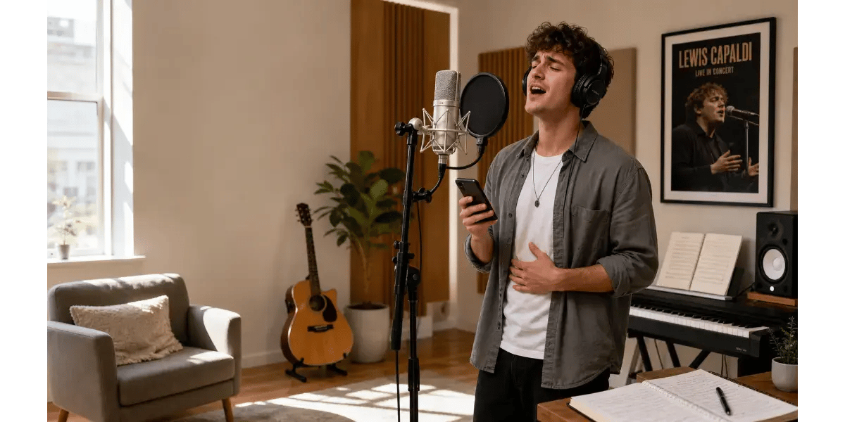 Male singer singing into a studio condenser microphone with an acoustic guitar in the background