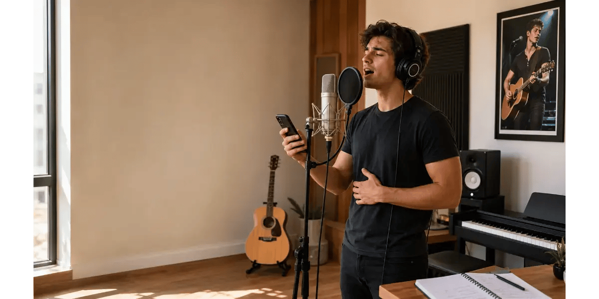 Male singer practicing Shawn Mendes vocal techniques in a recording studio with a microphone and acoustic guitar