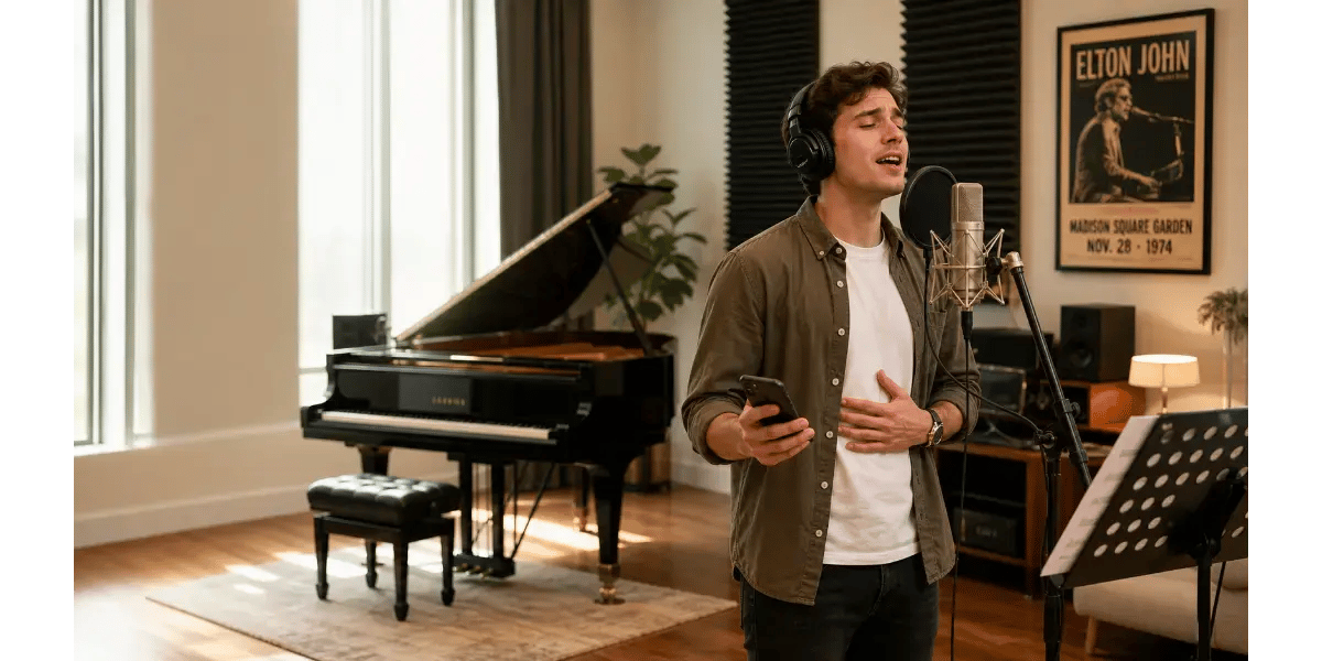 Male singer practicing vocal techniques next to a grand piano in a studio